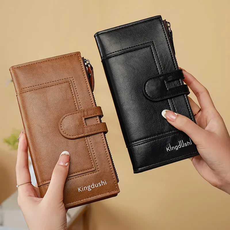 Cartera larga de alta gama para mujer con doble cremallera, diseño multicompartimento, gran capacidad, estilo versátil y sofisticado.