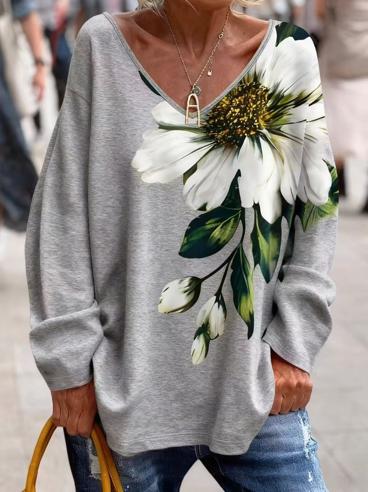 💐【S-2XL】Camiseta de moda para mujer de primavera y otoño con cuello en V y estampado floral