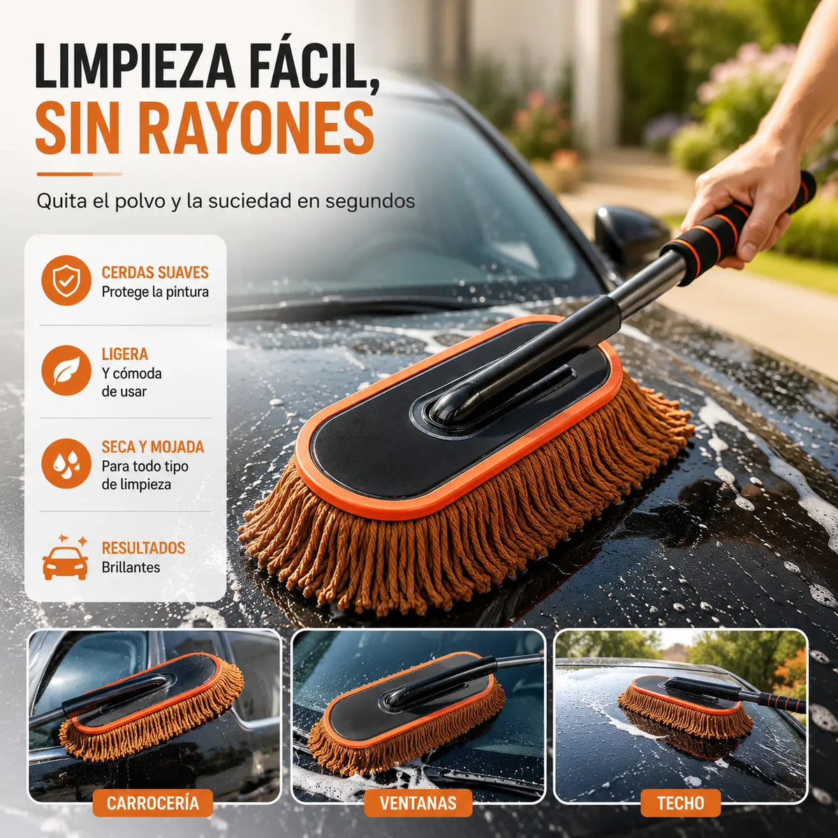 🚗🧹 Cepillo Limpiador Multiusos para Vehículo, Elimina Polvo y Nieve, Cerdas de Algodón Reforzadas