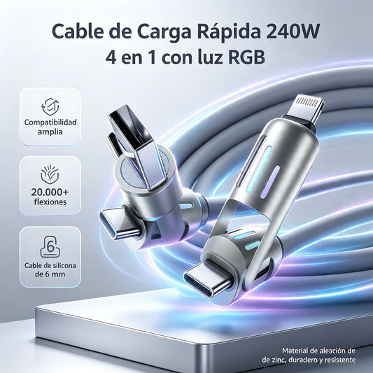 🔥 【2 unidades por 26 euros】 🔥 (2 metros de largo) Cable 4 en 1 PD 240 W – Carga rápida USB‑C, Lightning y USB‑A, aluminio y silicona, sincronización de datos ⚡📱