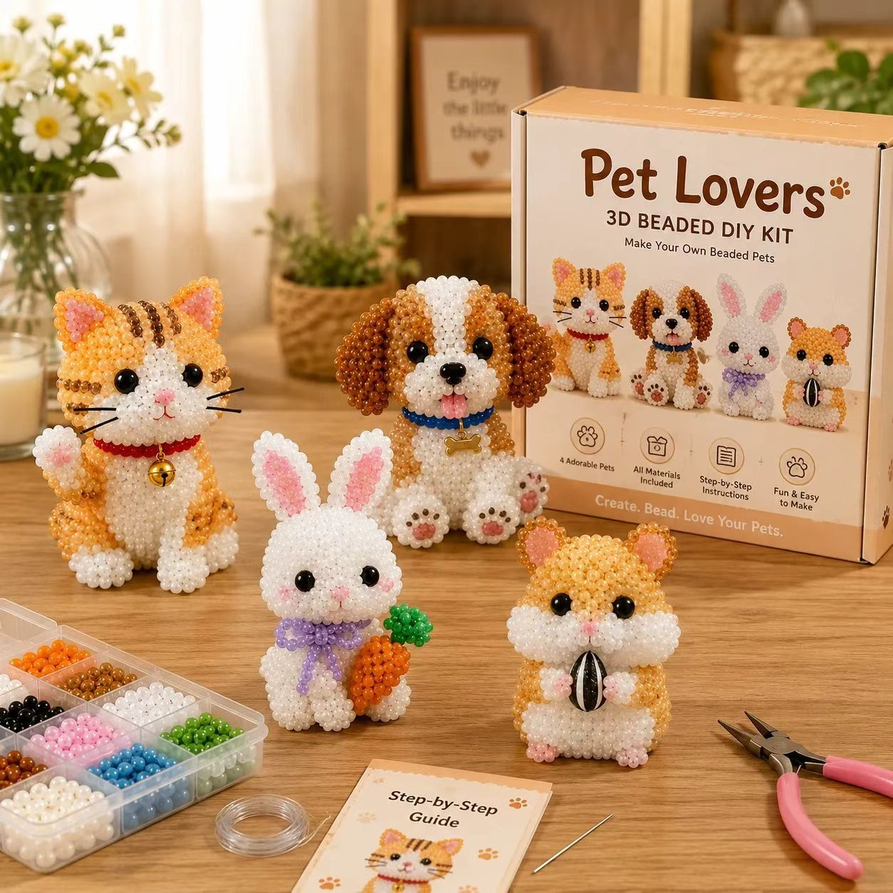 🏆Oferta por tiempo limitado🧵✨ Kit de manualidades que incluye pequeños animales 3D y cuentas