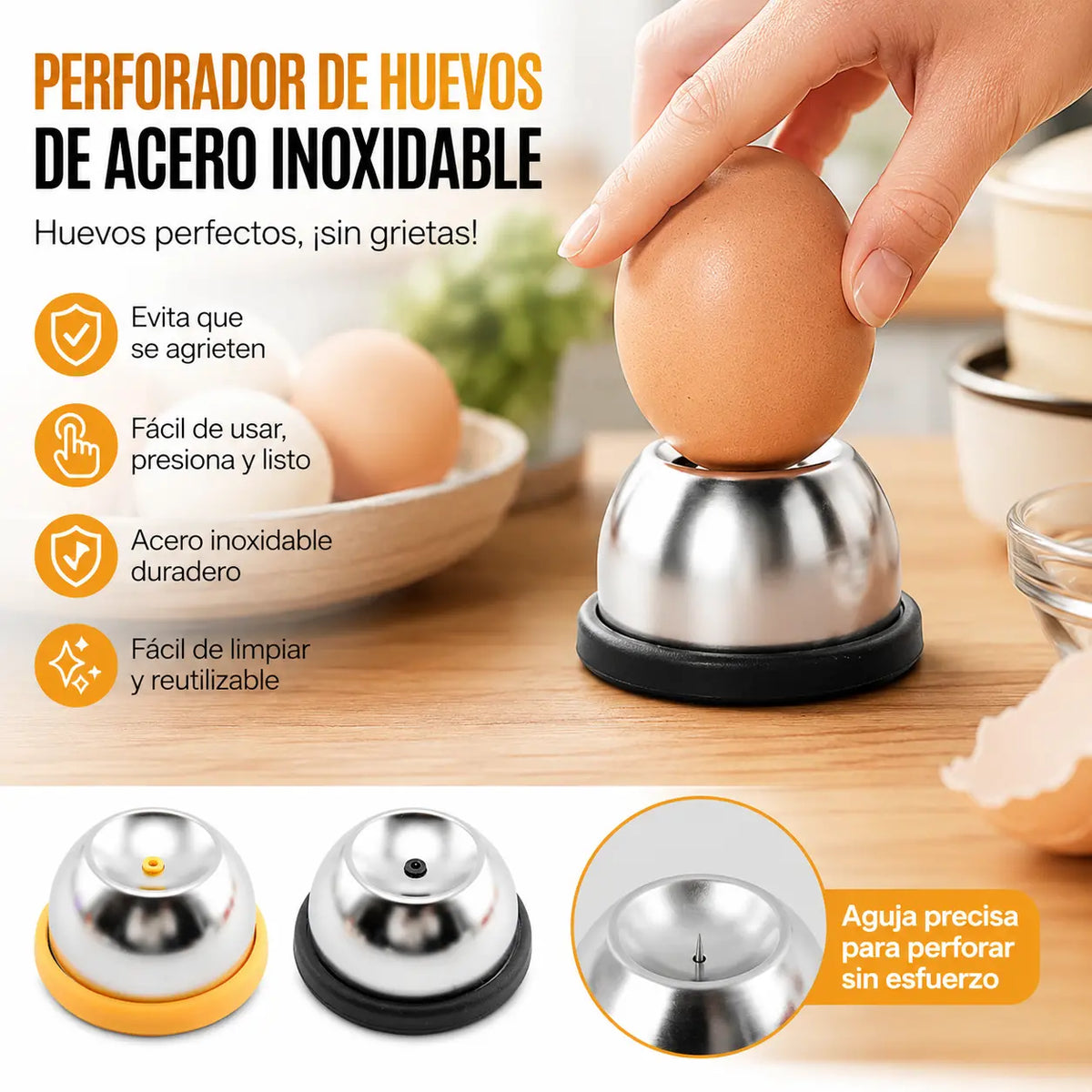 (Paquete de 2) 🥚 Perforador de huevos – Cuece huevos a la perfección fácilmente – Cuenta con cierre de seguridad y fabricación en acero inoxidable 304.