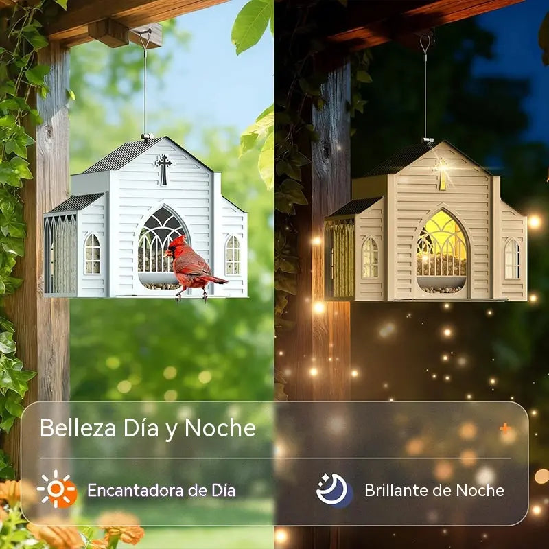 Comedero para pájaros con forma de iglesia alimentado por energía solar