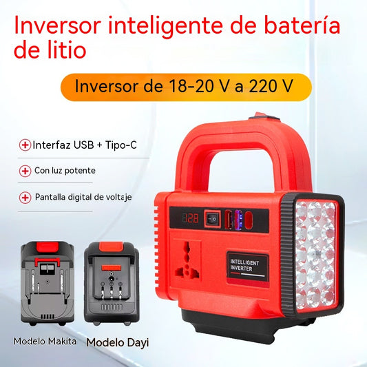 🔋🏕️🛠️Convertidor de batería de litio para herramientas de iones de litio, AC220V/DC5V/12V, convertidor para uso en exteriores.