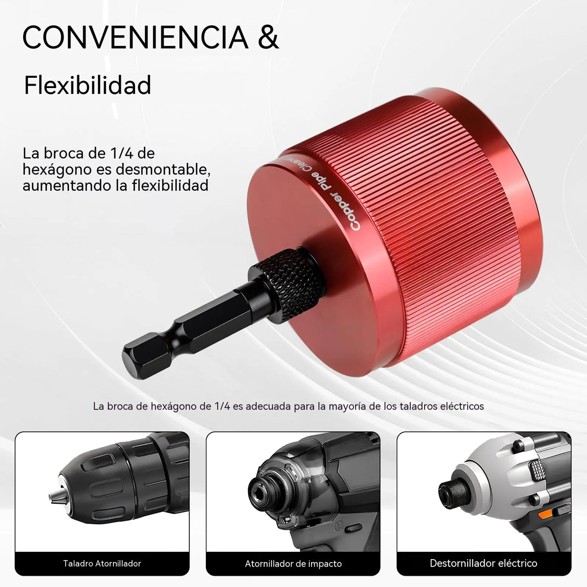 Limpiador y eliminador de óxido para tuberías metálicas (15/22/28 mm) – Cepillo de alambre compatible con taladro eléctrico para la eliminación rápida de óxido y suciedad