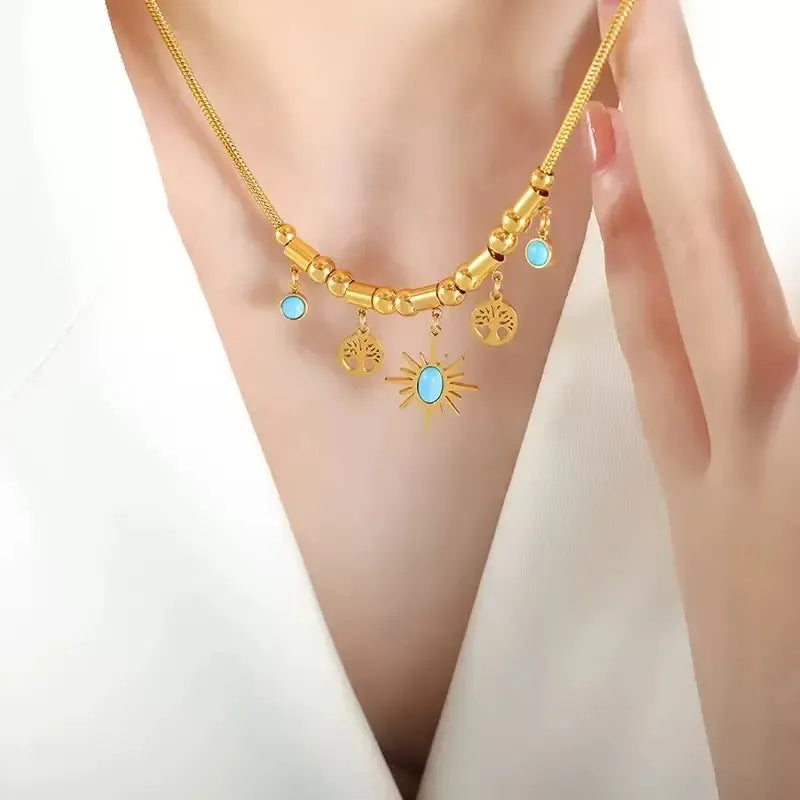 ✨🔥 Collar y pulsera retro de turquesa con diseño de girasol en estilo bohemio.