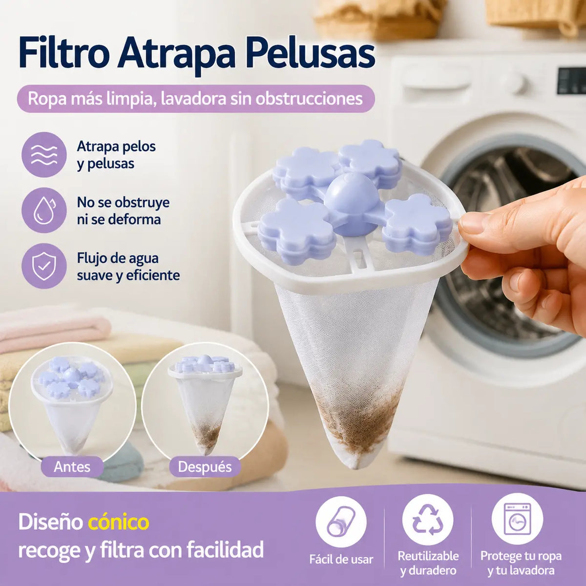 🌀【6 piezas】Filtro Flotante para Lavadora – Atrapa Pelusas, Cabellos y Pelos de Mascota en Cada Lavado 🧺