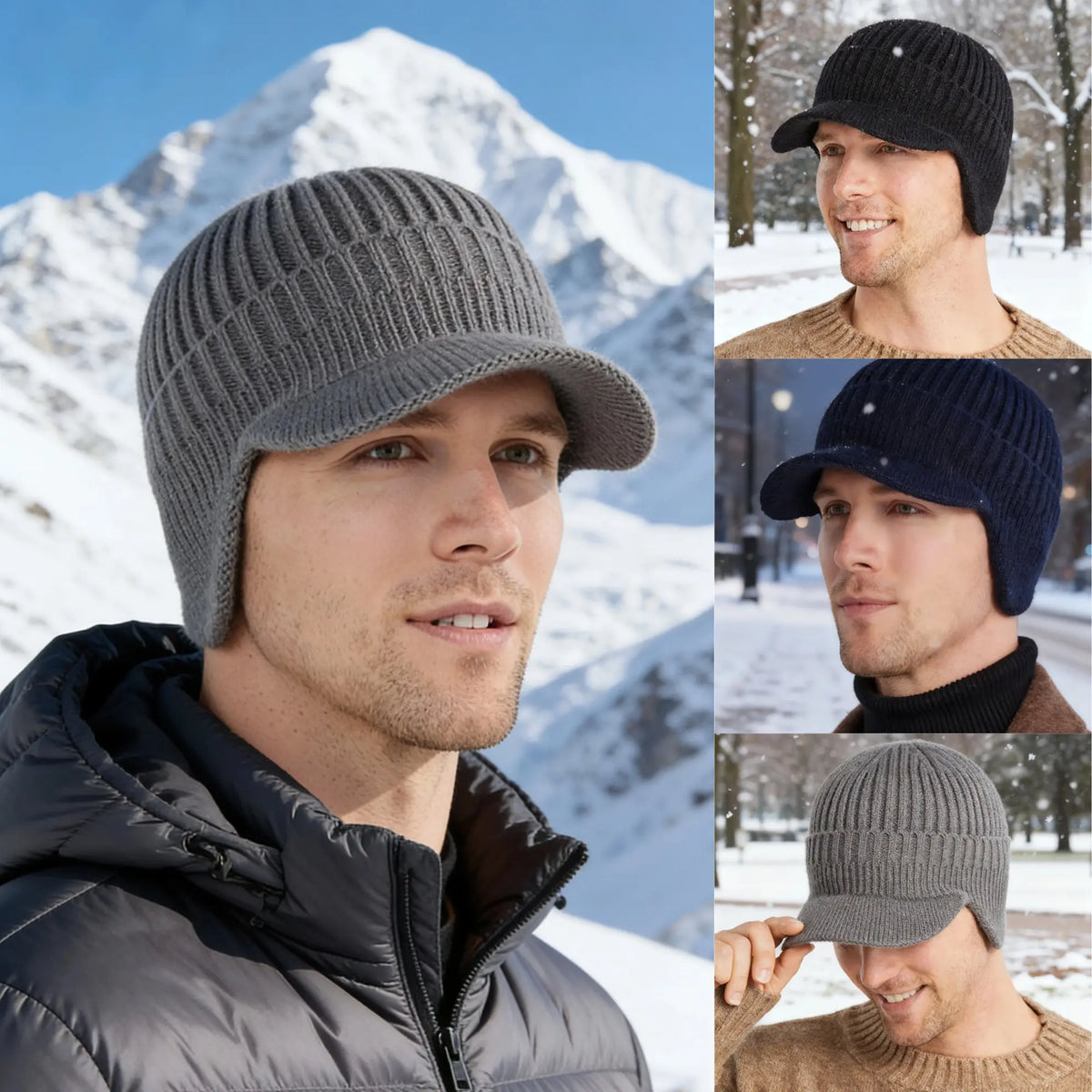 Gorro de punto cálido de invierno para hombre con orejeras.