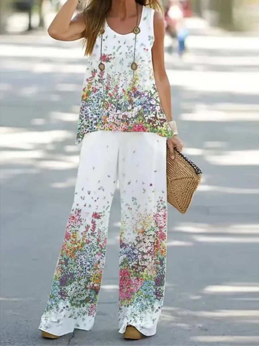 🌸 😍 【S-3XL】Traje casual estampado sin mangas [top + pantalón].