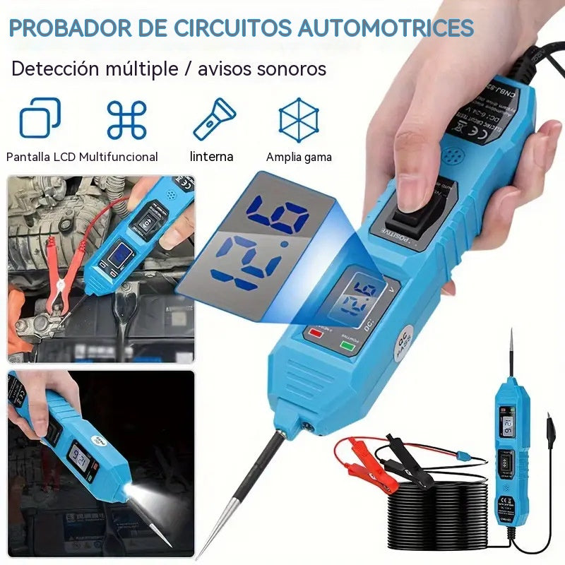 Probador de circuitos automotrices multifuncional: sencillo, seguro y eficiente. Puede detectar cortocircuitos, voltaje y polaridad en cuestión de segundos.