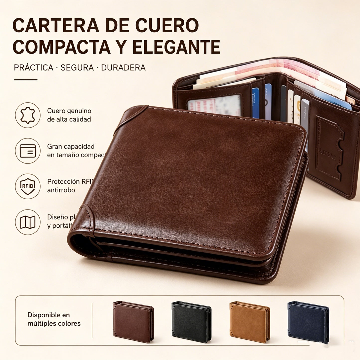 Nueva cartera de cuero genuino para hombre con sistema antirrobo