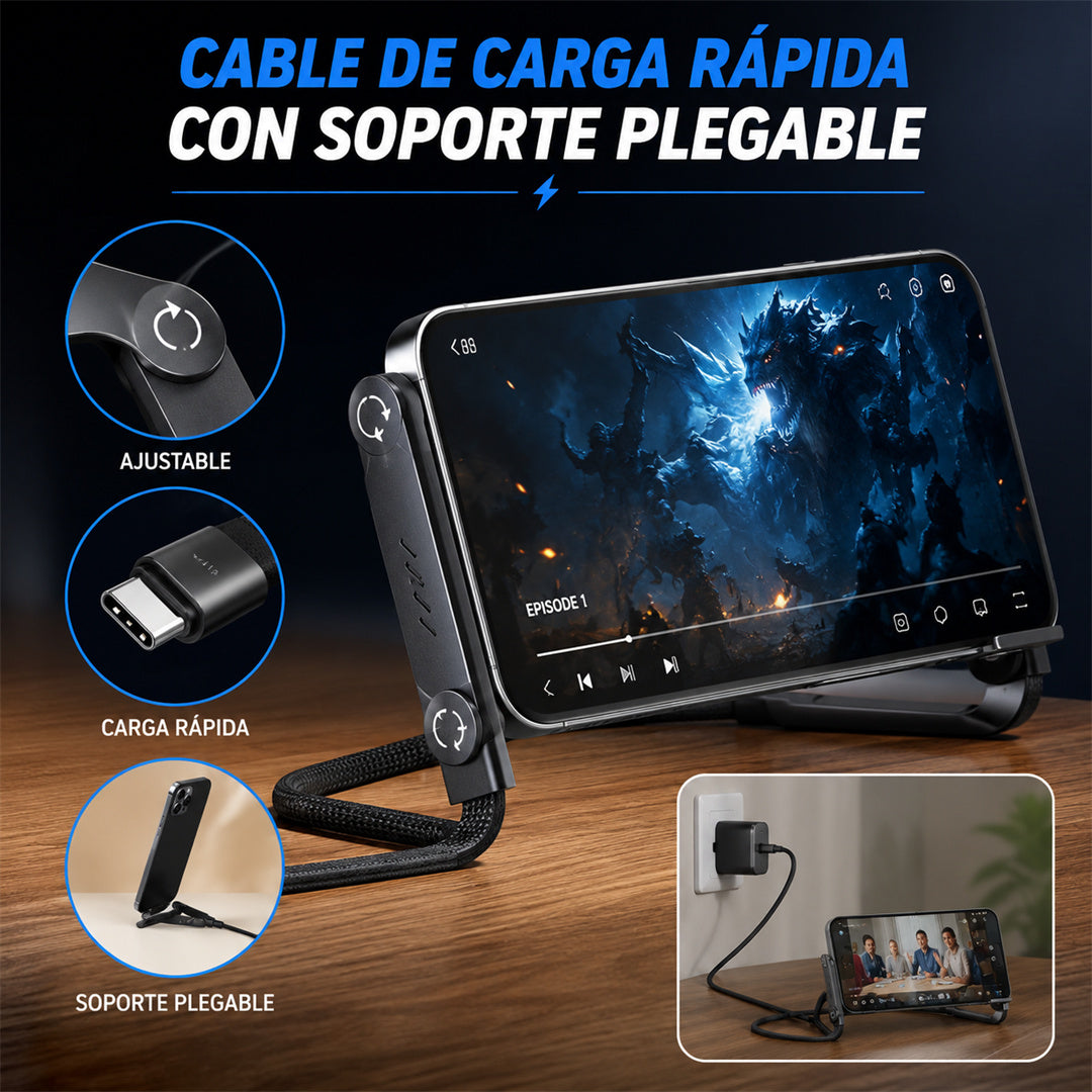 【Carga rápida】Cable de carga rápida 2 en 1 con soporte ajustable para teléfono