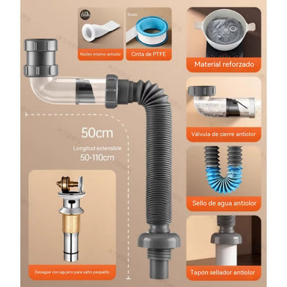 🔥🔥Tubo de desagüe para lavabo/lavabo de baño, tubo de desagüe a prueba de olores, juego completo de mangueras flexibles universales.