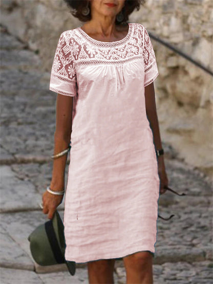 🌸Nuevo vestido de verano, confeccionado con tela de encaje patchwork, diseño de cuello redondo, tejido de mezcla de algodón y lino.