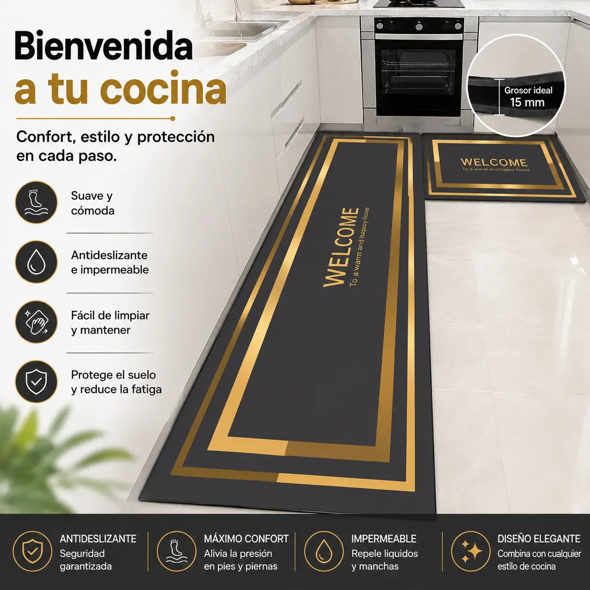 【1 juego de 2 piezas：40*60cm+40*120cm】💥Alfombra antideslizante y absorbente🦶