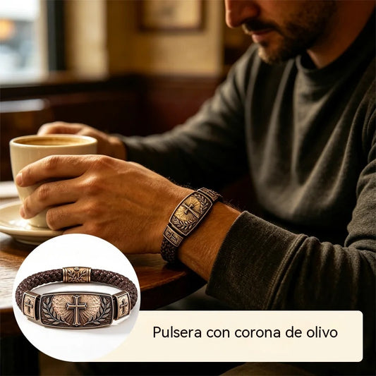 Pulsera de cuero trenzado para hombre con cruz y corona de olivo, metal con acabado antiguo/vintage, regalo especial