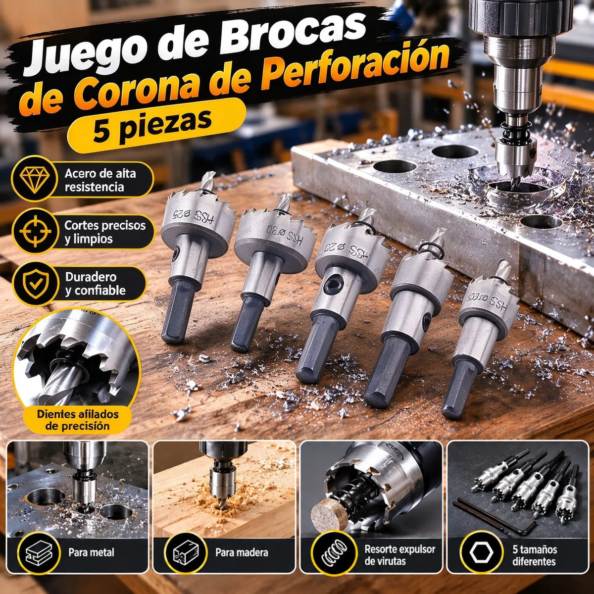 【Juego de 5 piezas】 Brocas de sierra de corona de acero rápido (HSS) con recubrimiento de titanio