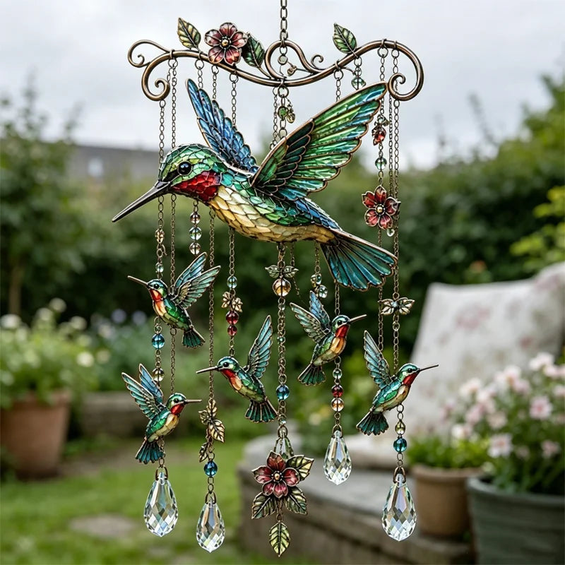 🐦Campanilla de viento de cristal con colibrí y diseño pintado de estilo retro.