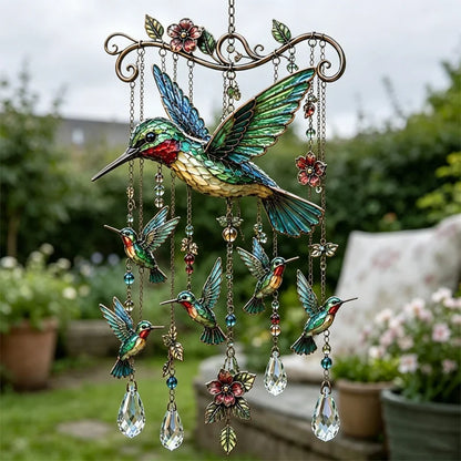 🐦Campanilla de viento de cristal con colibrí y diseño pintado de estilo retro.