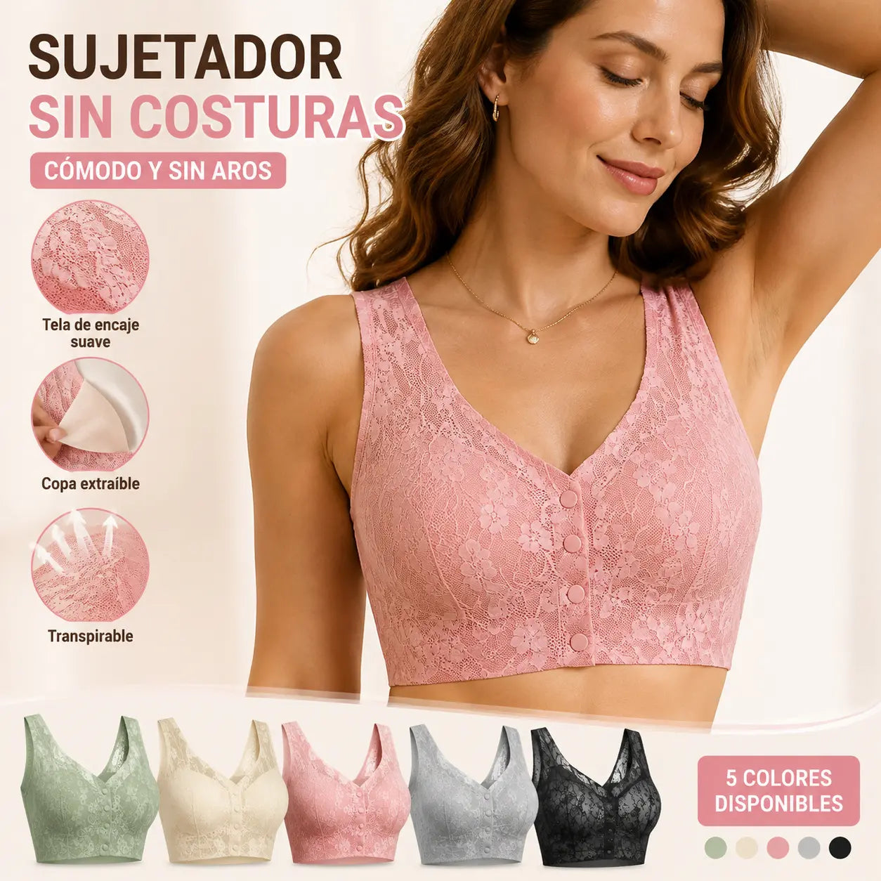 😍【Pack de 3 unidades】【M-4XL】Sujetador sin aros para mujer con botones en la parte delantera ❤️【40-100 kg】