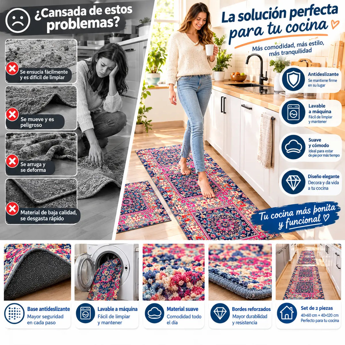 🧽 (40*60 cm + 40*120 cm)2 piezas 29€✨ Alfombra de cocina de diatomita antideslizante súper absorbente
