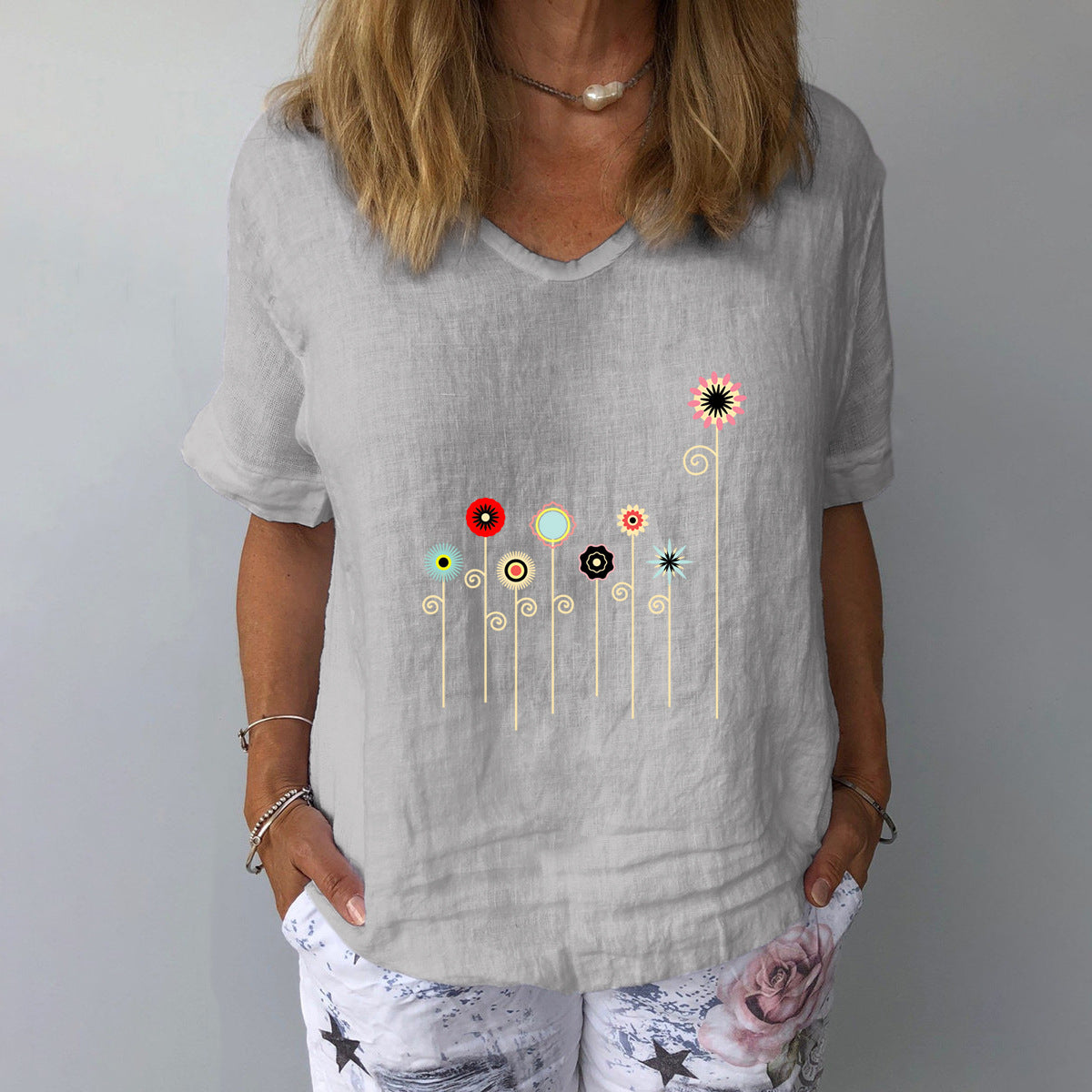 【50% DE DESCUENTO】【Tallas S-5XL】Camiseta de manga corta de algodón y lino con estampado floral