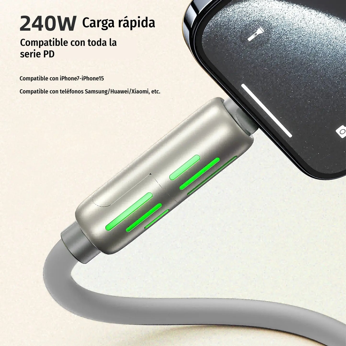 🔥 【2 unidades por 26 euros】 🔥 (2 metros de largo) Cable 4 en 1 PD 240 W – Carga rápida USB‑C, Lightning y USB‑A, aluminio y silicona, sincronización de datos ⚡📱