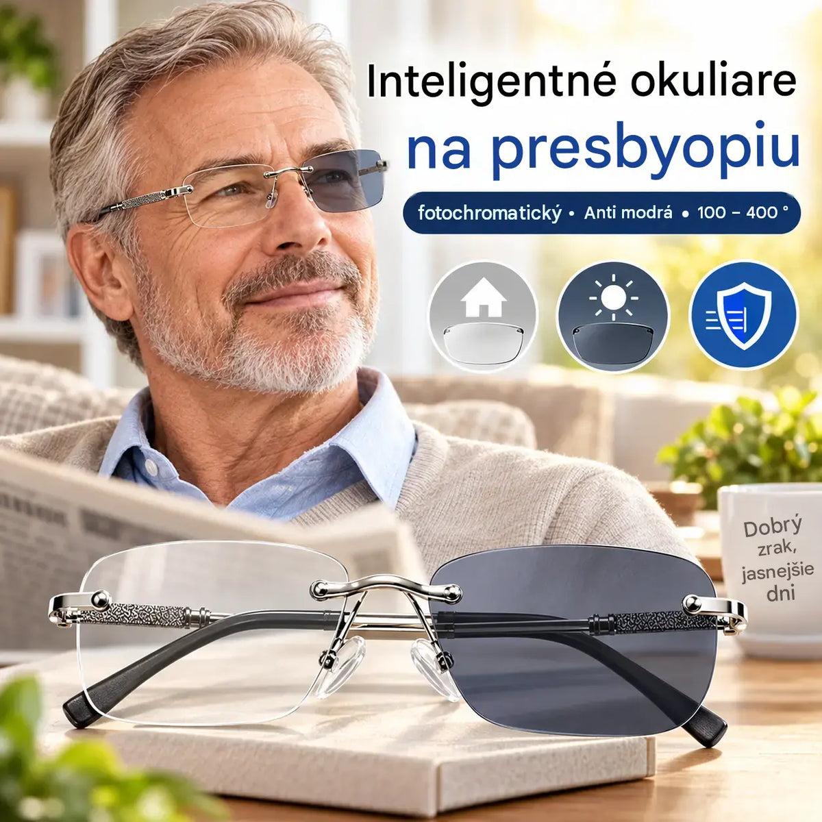 👓 Ta pametna bralna očala s funkcijo povečave so posebej zasnovana za ljudi srednjih in starejših let; odlikujejo jih večžariščna (multifokalna) tehnologija, prilagajanje svetlobi, fotokromatske leče in zaščita pred modro svetlobo.