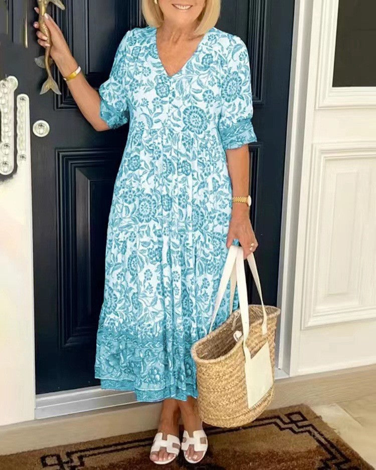 【S-3XL】2026 nuevo vestido largo floral elegante con cuello en V