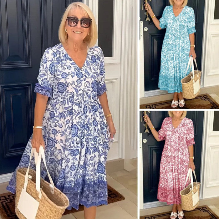 【S-3XL】2026 nuevo vestido largo floral elegante con cuello en V