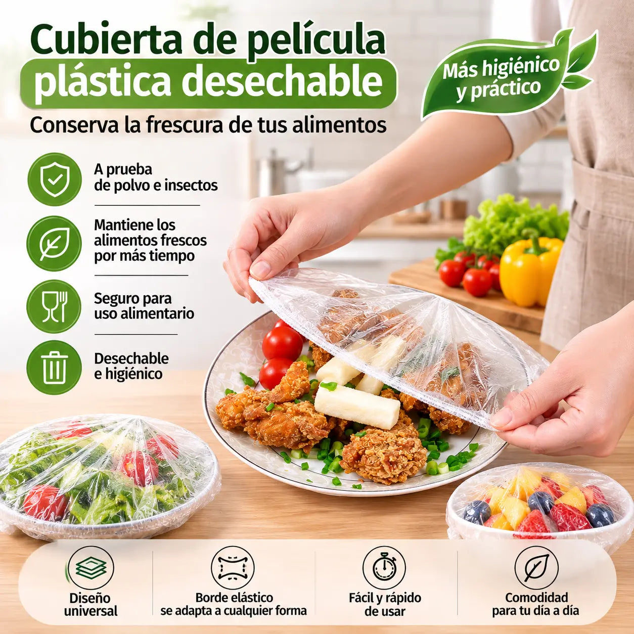 【1 bolsa de 300 unidades】🛡️ Film transparente de calidad alimentaria con acción antibacteriana – Protege tus alimentos, ideal para cocina y nevera 🧴