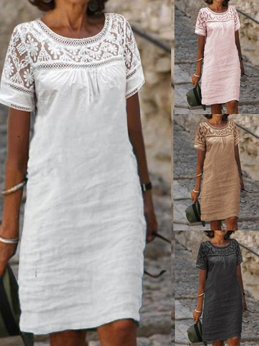🌸Nuevo vestido de verano, confeccionado con tela de encaje patchwork, diseño de cuello redondo, tejido de mezcla de algodón y lino.