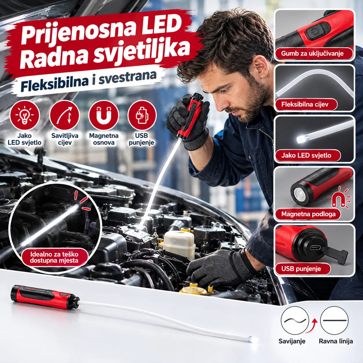 Linterna magnética flexible tipo bastón para reparación de automóviles, adecuada para iluminar espacios reducidos.