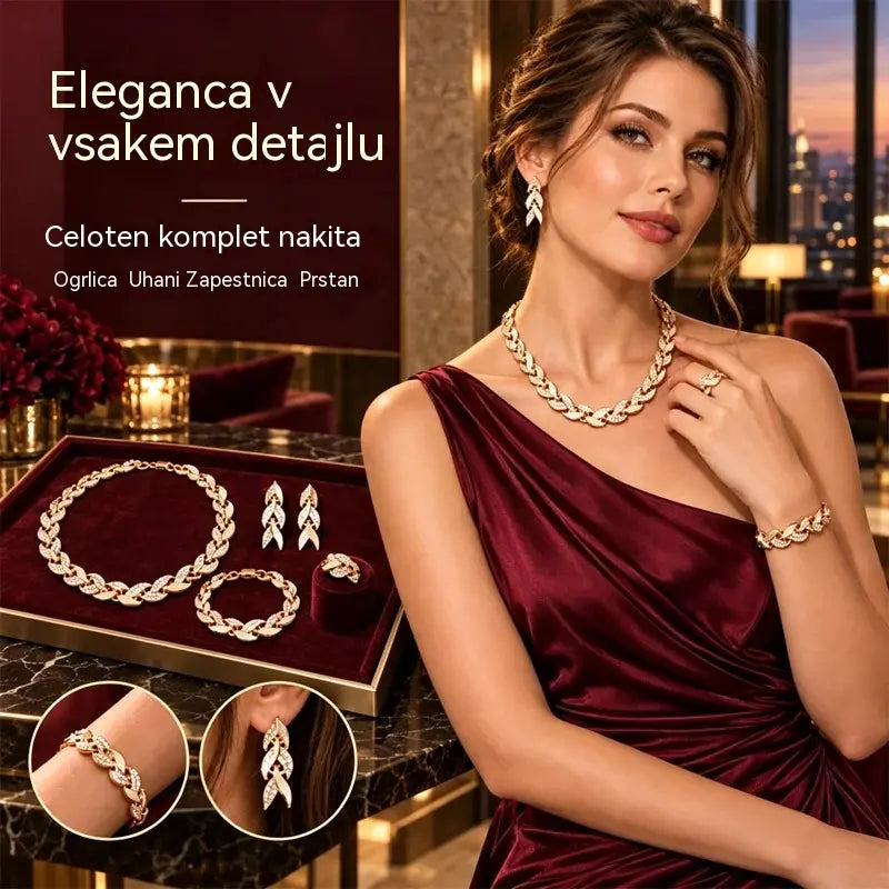 ✨💎 4-delni komplet ženskega nakita | Ogrlica, zapestnica, prstan in uhani z motivom lista in kubičnimi cirkoni