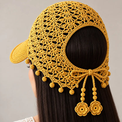 🌻🧶 Gorra de Ganchillo con Girasol para Mujer | Gorra Boho Calada de Verano con Borlas Decorativas