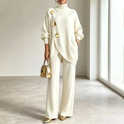 👗 Dvojdielny dámsky set S-3XL – rolák a široké nohavice, asymetrický dizajn so zlatými gombíkmi, 6 farieb.