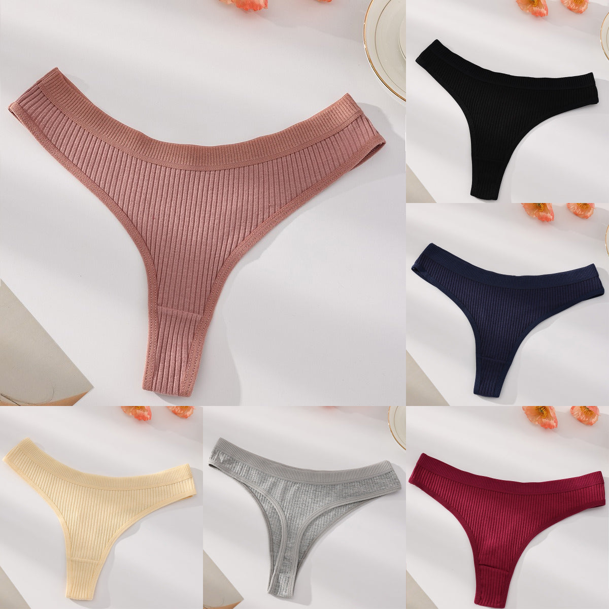【40-90kg】【XS-2XL】 Tanga sexy para mujer – Braguitas de algodón acanalado en color liso【Juego de 6 piezas】