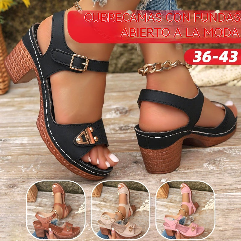 🥰【36~43】Sandalias de tacón de bloque para mujer, tacones de punta abierta a la moda, tacones con diseño calado a la moda