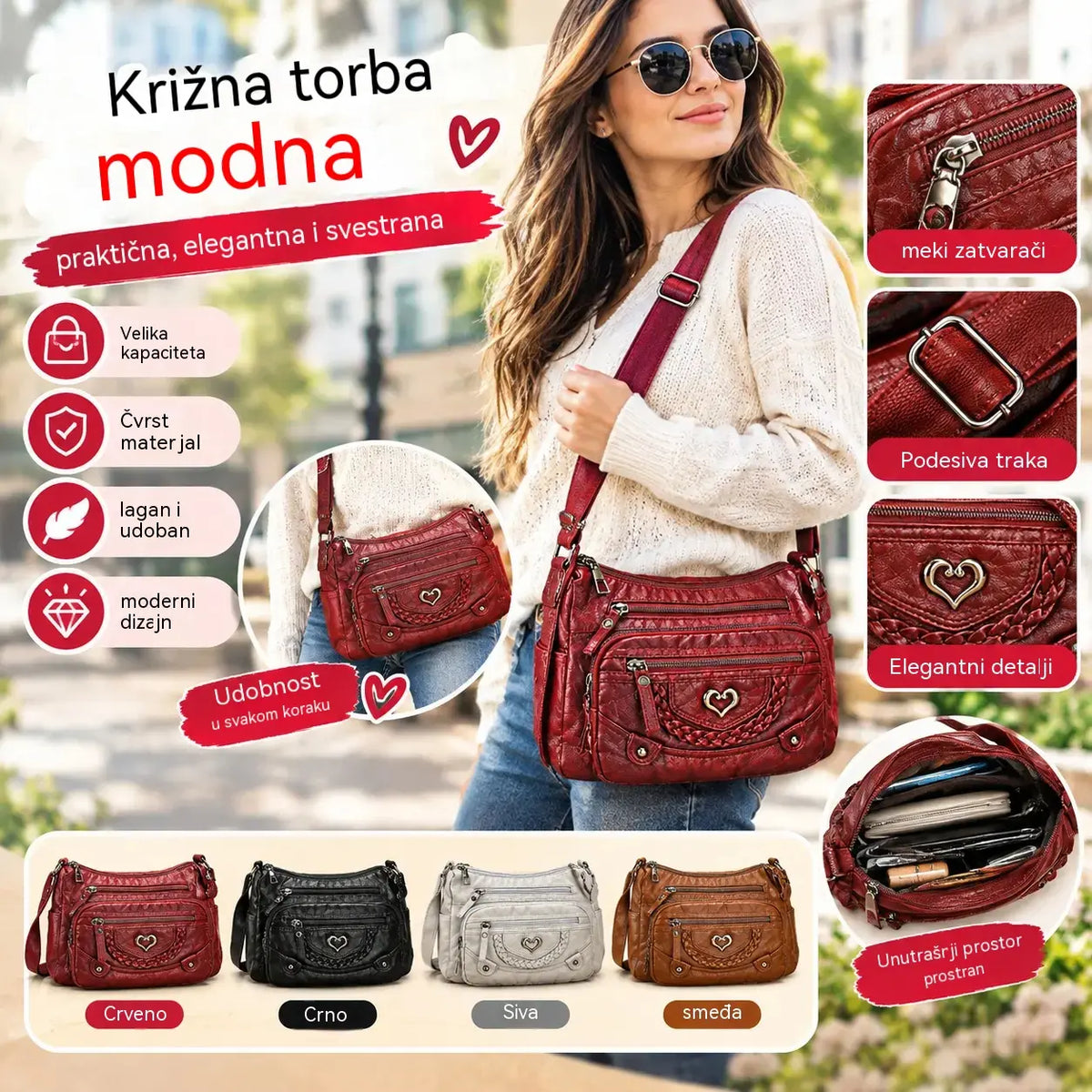 Moderna ženska vintage torba za nošenje preko tijela — mekani PU materijal — dizajn s više pretinaca, velik kapacitet