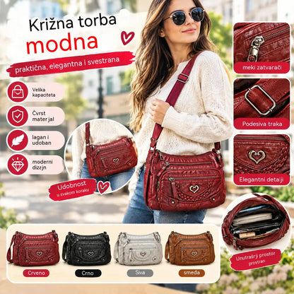 Moderna ženska vintage torba za nošenje preko tijela — mekani PU materijal — dizajn s više pretinaca, velik kapacitet