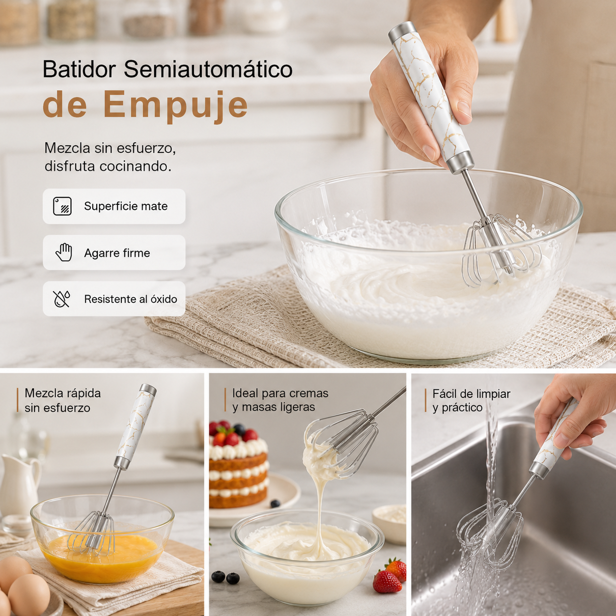 🥳¡Compra 1 y llévate 1 GRATIS!💞🥚 Batidor semiautomático de acero inoxidable – ¡Bate huevos y nata en segundos, sin electricidad! ✨