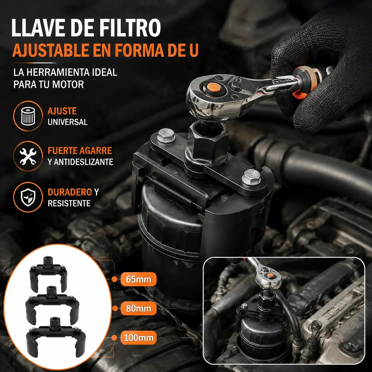 【60-80mm】Llave de extracción de filtro de automóvil ajustable en forma de U