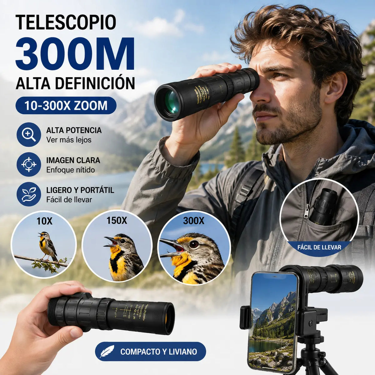 Monocular 10-300x40 con zoom – visión HD de alta potencia para actividades al aire libre y uso nocturno