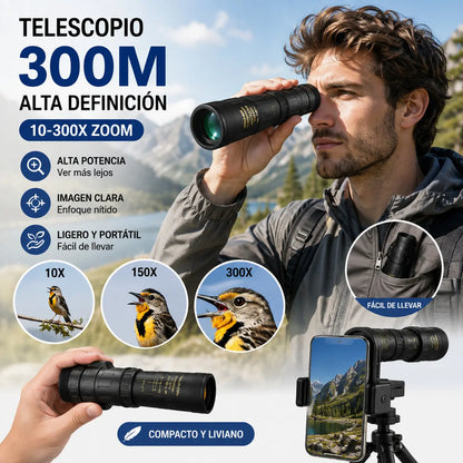 Monocular 10-300x40 con zoom – visión HD de alta potencia para actividades al aire libre y uso nocturno