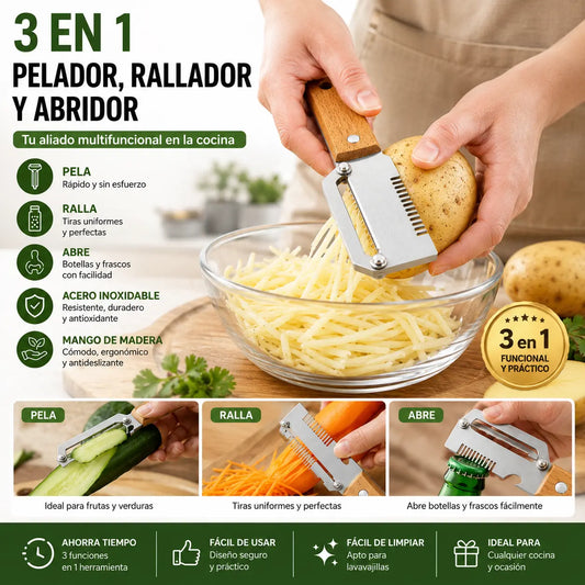 ✅Compra 1 y llévate 1 gratis 🧅🔪 Pelador de cocina multifuncional 3 en 1: ¡Pela, corta y abre botellas! 🔥