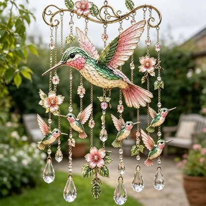 🐦Campanilla de viento de cristal con colibrí y diseño pintado de estilo retro.