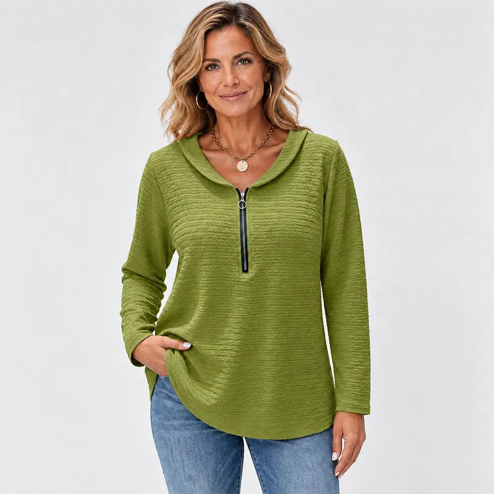 ✨【S–5XL / 5 barev】Jednobarevný dámský top se stylovým plisováním, límcem typu Peter Pan, zapínáním na zip a klasickým střihem ramen.