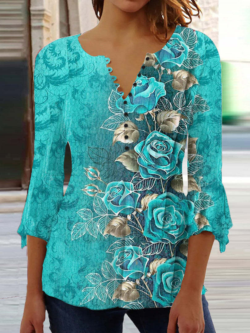 🎉🎁【S-5XL】 2026 nueva camiseta estampada delgada con cuello en V para mujer