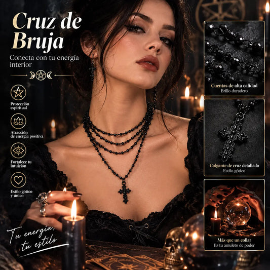 ✝ Collar con colgante de cruz y cuentas negras en varias capas; gargantilla de estilo oscuro con cruces superpuestas.