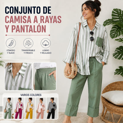 【S-5XL】Nueva conjunto de primavera a rayas, conjunto de dos piezas con mangas largas y pantalones.【Pantalones + Camisa】